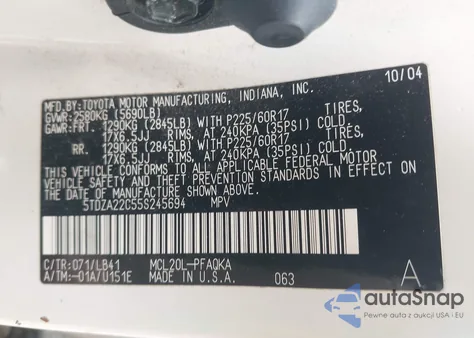 2005 Toyota Sienna Xle from USA, damaged, VIN 5TDZA22C55S245694